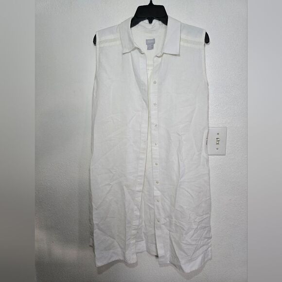 Chico's Tops - Chico's Linen Blend Buttom Down White Sleveless Shirt Tunic Size 16